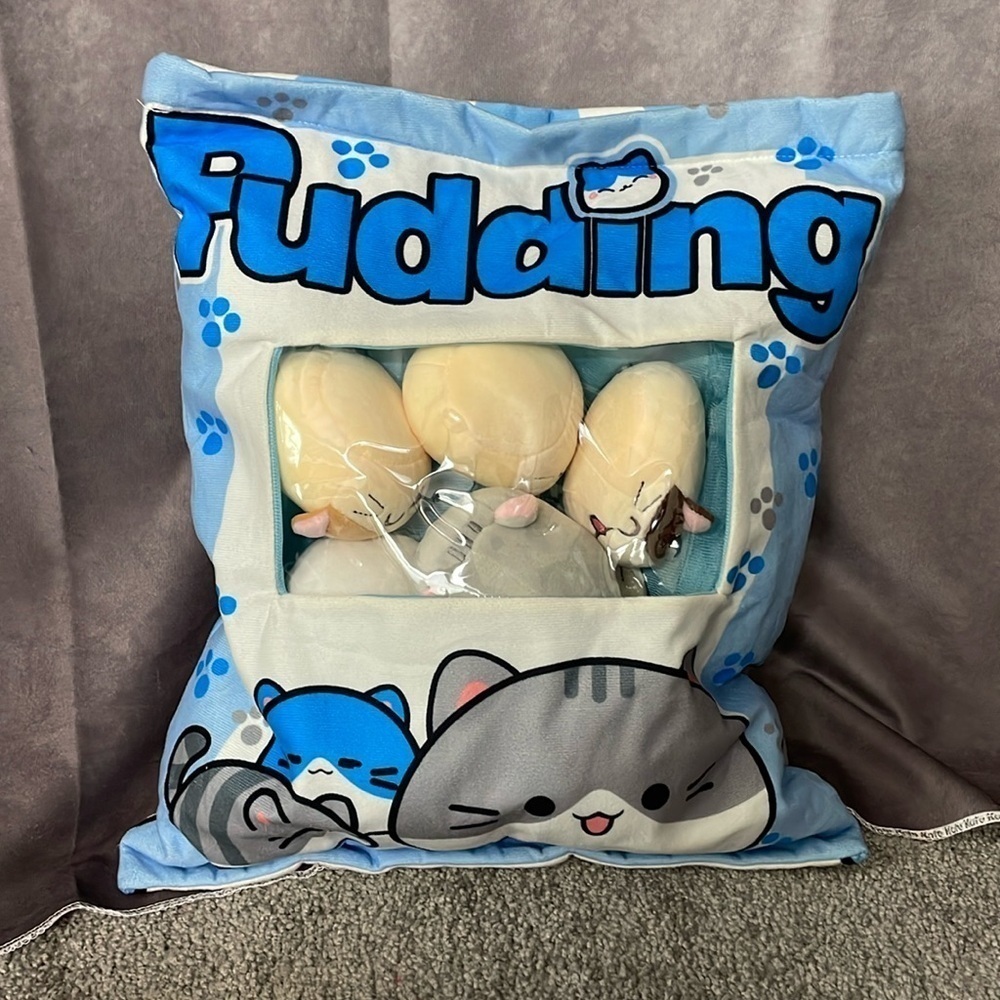 Pudding Cat Blue Zipper Pillow Pouch With 8 Mini Plush Kittens - Picture 2 of 8